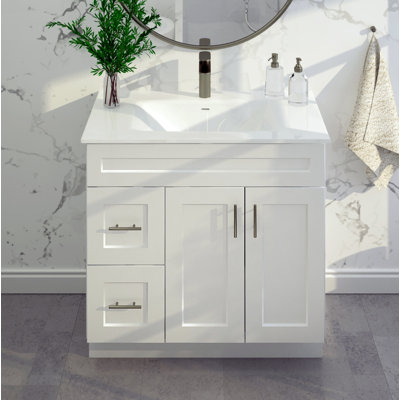 36'' Bathroom Vanity Sink Base with Drawers Cabinet in White Shaker