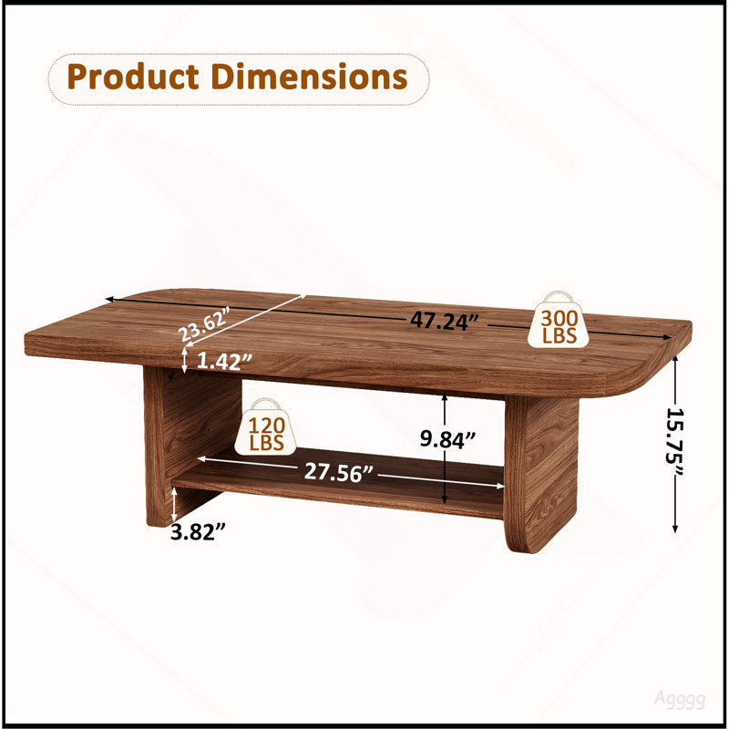 Table basse de 47,2 po en forme d'éventail avec tablette de rangement inférieure, finition grain de bois de noyer, table de salon moderne de style Mid-Century, mobilier d'appoint de style maison de campagne pour grands espaces, assemblage facile