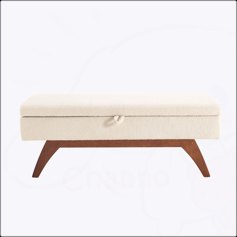 Tabouret rembourré en laine avec rangement caché et pieds en bois massif Teddy, Beige