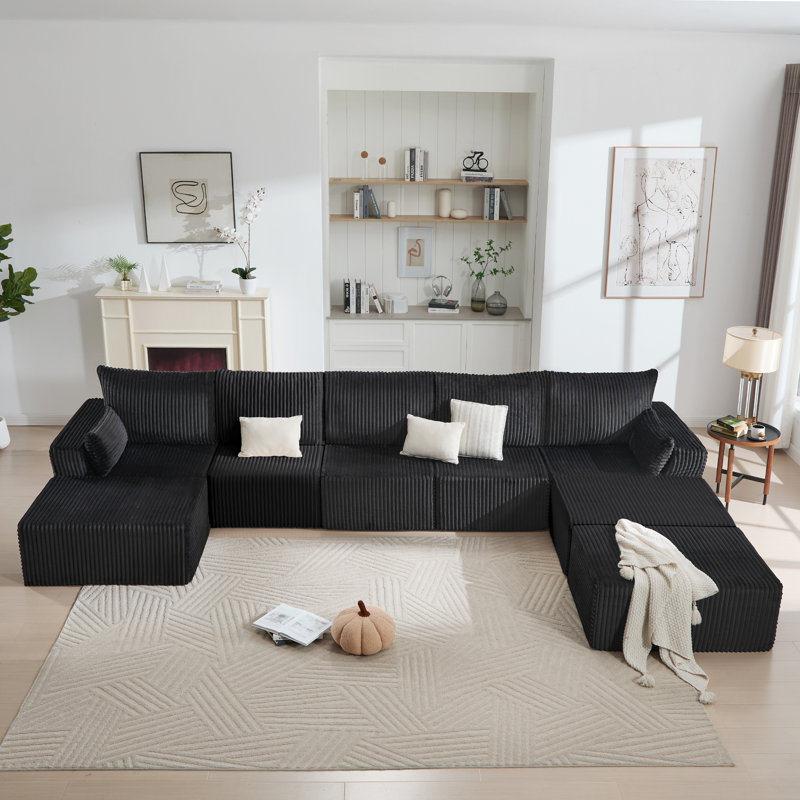 8-Piece Boneless Modular Sectional Oversized U-Shaped Sofa Corduroy Chenille Sectional With Ottoman, Black Corduroy