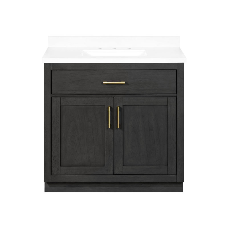 Bailey 36 in. Single Sink Freestanding Dark Ebony Wood Bathroom Vanity with White Stone Top, Backsplash, Brushed Gold, Gold
