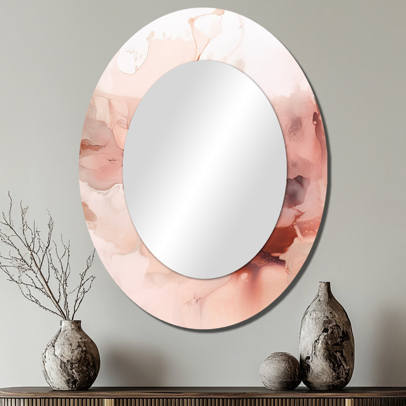 Marbre rose délicat abstrait II - Miroir décoratif abstrait ovale sur métal, 40 po x 30 po