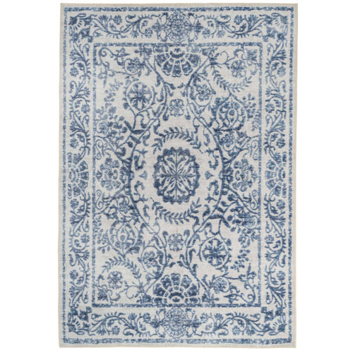 Kukoon Blue Distressed Damask Rug | Wayfair.co.uk