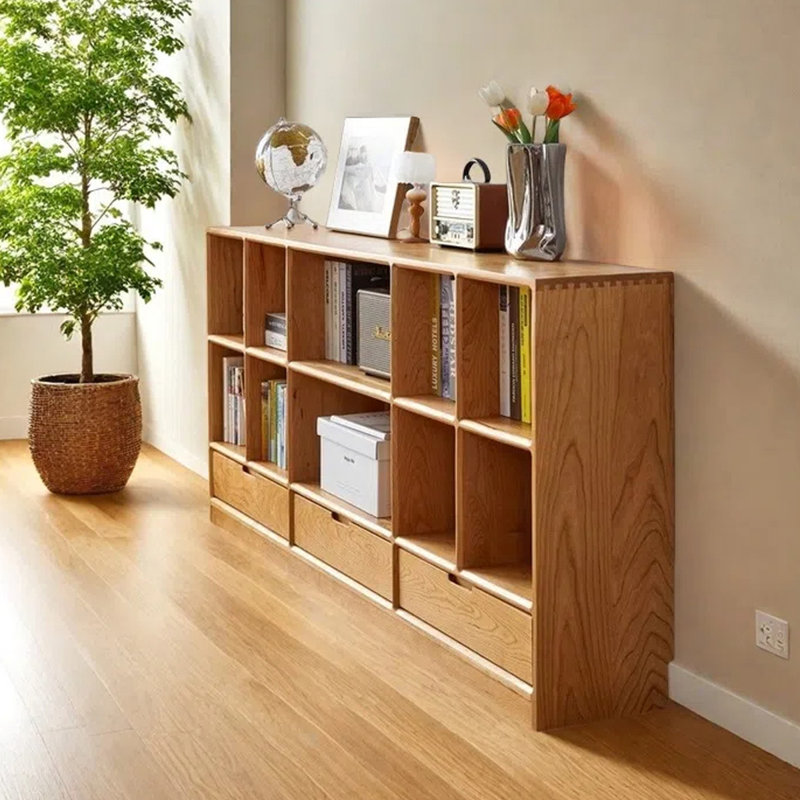 Wooden Display Cabinet with Open Shelves and Bottom Drawers, 70.87 Inches Long, Multifunctional Side Cabinet