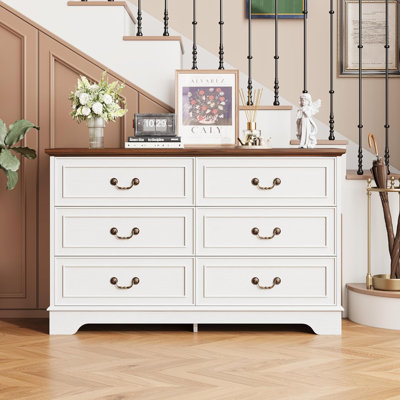 Commode à 6 tiroirs à grain de bois blanc et panneau de noyer noir, armoire de rangement en panneau de fibres à densité moyenne en U, style rétro pour le salon de la chambre à coucher