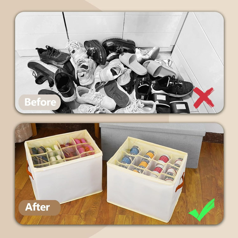 2 Pack Shoe Storage Box Organiser For Closet - 24 Cell Space Saver Shoes Containers Bin With Clear Lids Stackable, Can Fit Ottoman, Foldable Shoe Rack Cabinet Cubby For Wardrobe