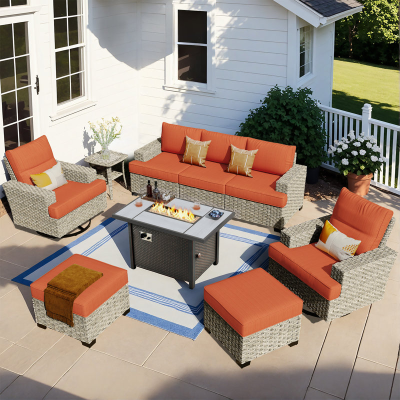Dzion Outdoor Wicker 5 Person Seating Group With Cushions And Ottomans, Blue