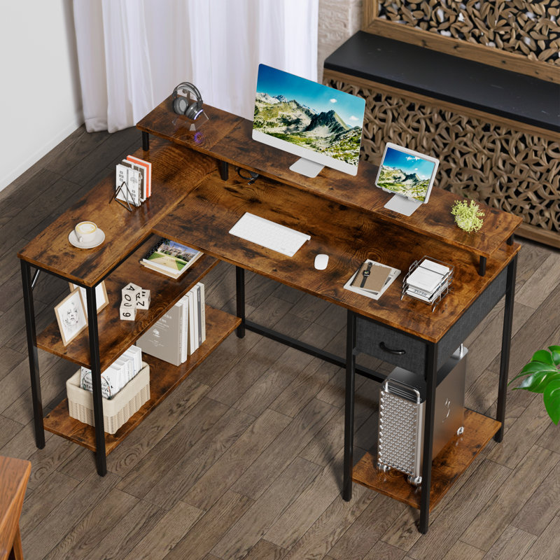 Katalina Modular L-Shaped Steel Computer Desk with Built-In Electrical Outlet, Brown