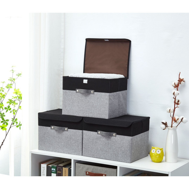 Foldable Lidded Storage Bin [3-Pack] Collapsible Sturdy Cationic Fabric Storage Basket Cube W/Handles, Grey/Black