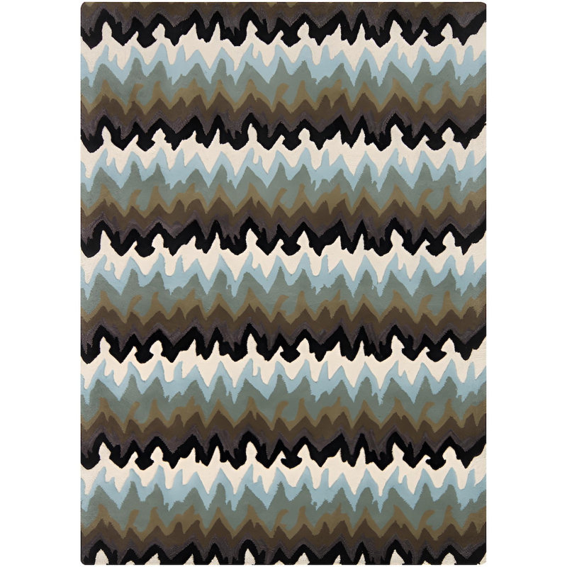 Tapis en laine à chevrons rustique noir, gris, brun, bleu et beige touffeté à la main Coalwood, Rectangulaire 7 pi x 10 pi