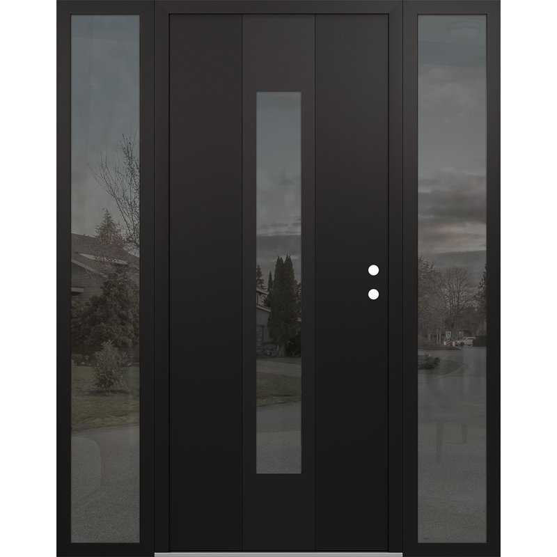 Porte d'entrée pré-suspendue en acier noir à panneau droit avec deux côtés, L 65,69 po x H 81,69 po, Réfléchissant
