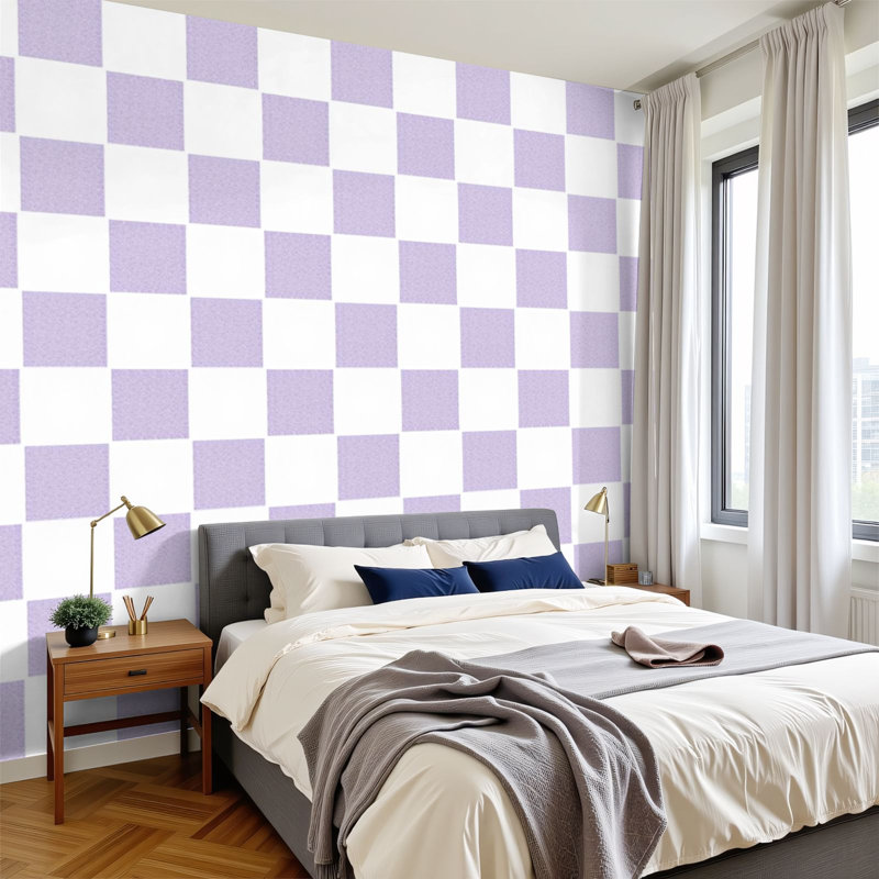 Peel and Stick Wallpaper Modern Self Adhesive Wall Mural for Bedroom Checkered Purple Checkerboard Lavender Mosaic Symmetrical Grid White