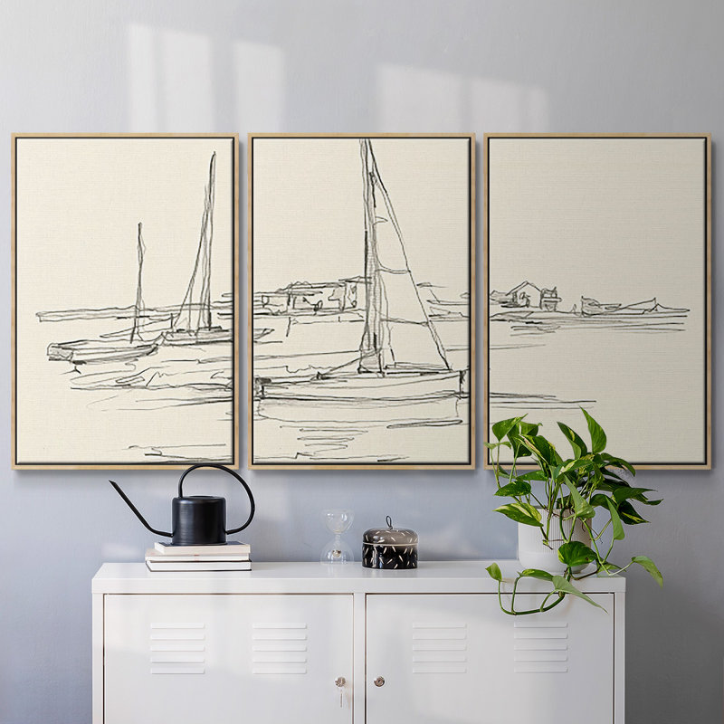 Croquis de bord de mer I 3 pièces, H 36 po x l 75 po x P 2 po, Naturel