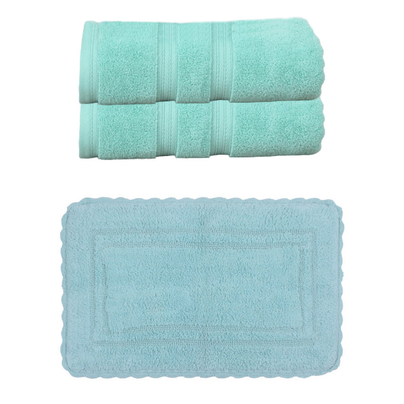 Ensemble de serviettes de bain 100% coton 2 pièces Colson et 1 tapis de bain 21 x 34 po Colson (ensemble de 3), ivoire, Bleu
