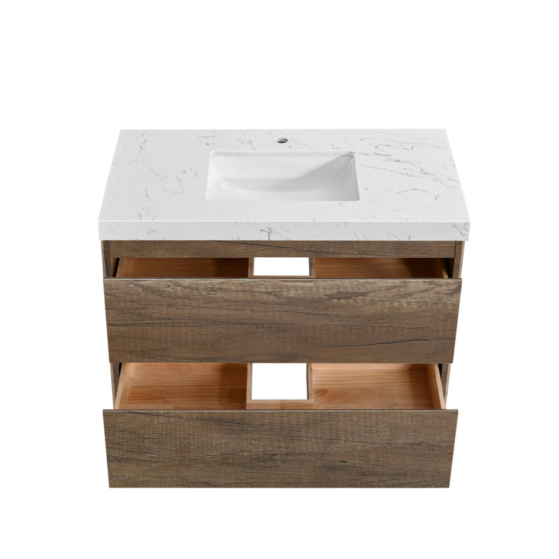 Wall-mounted Bath Vanity With Engineered Marble Top, Antique Oak, 36"