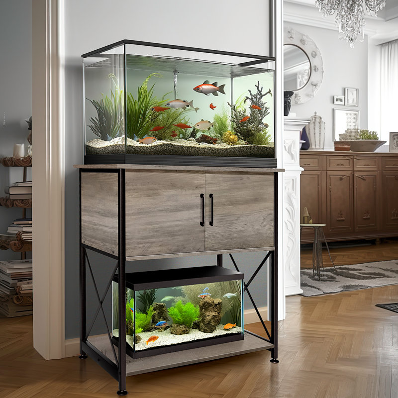 Gray Metal and MDF 29 Gallon Aquarium Stand with Storage Cabinet
