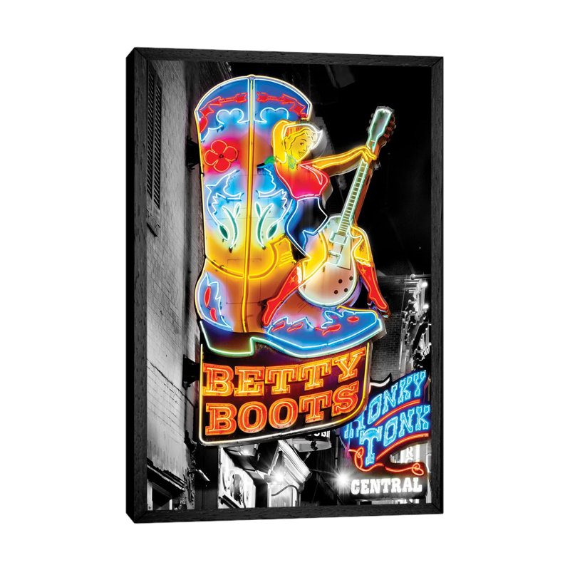 Nashville Broadway Neon Honky Tonk by Susanne Kremer - Print on Canvas, Black Floater Framed