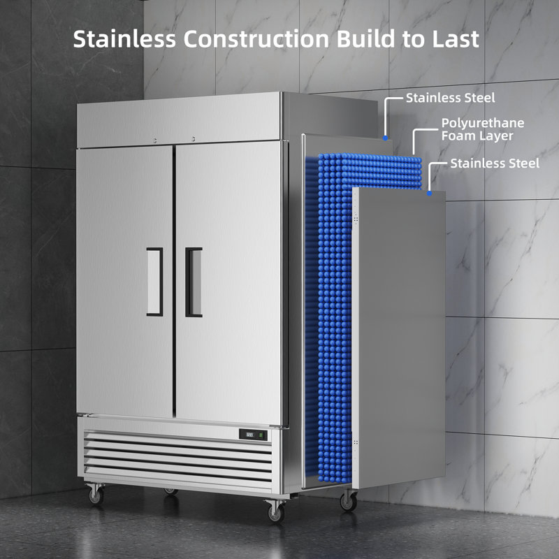 Coolski 54.5 Inch Commercial Refrigerator with 2 Doors, Stainless Steel Reach-in Refrigerators with Large Capacity, Adjustable Shelves, Fan Cooling, Ideal for Restaurant Bar Garage