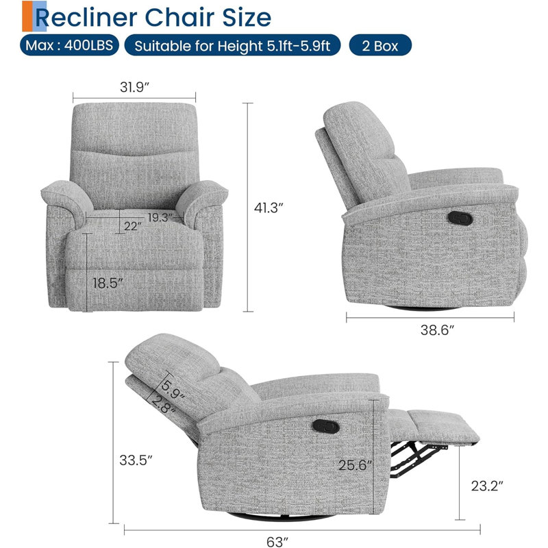 Fauteuil inclinable et oscillant pivotant à 360 °, fauteuil rembourré en chenille avec accoudoirs rembourrés et siège profond, canapé inclinable manuel pour le salon, la chambre à coucher et la chambre de bébé (gris clair)