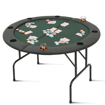 47" Round 8-Player Foldable Poker Table, Texas Hold'em Blackjack Table, Green, Steel Legs & Deep Cup Holders