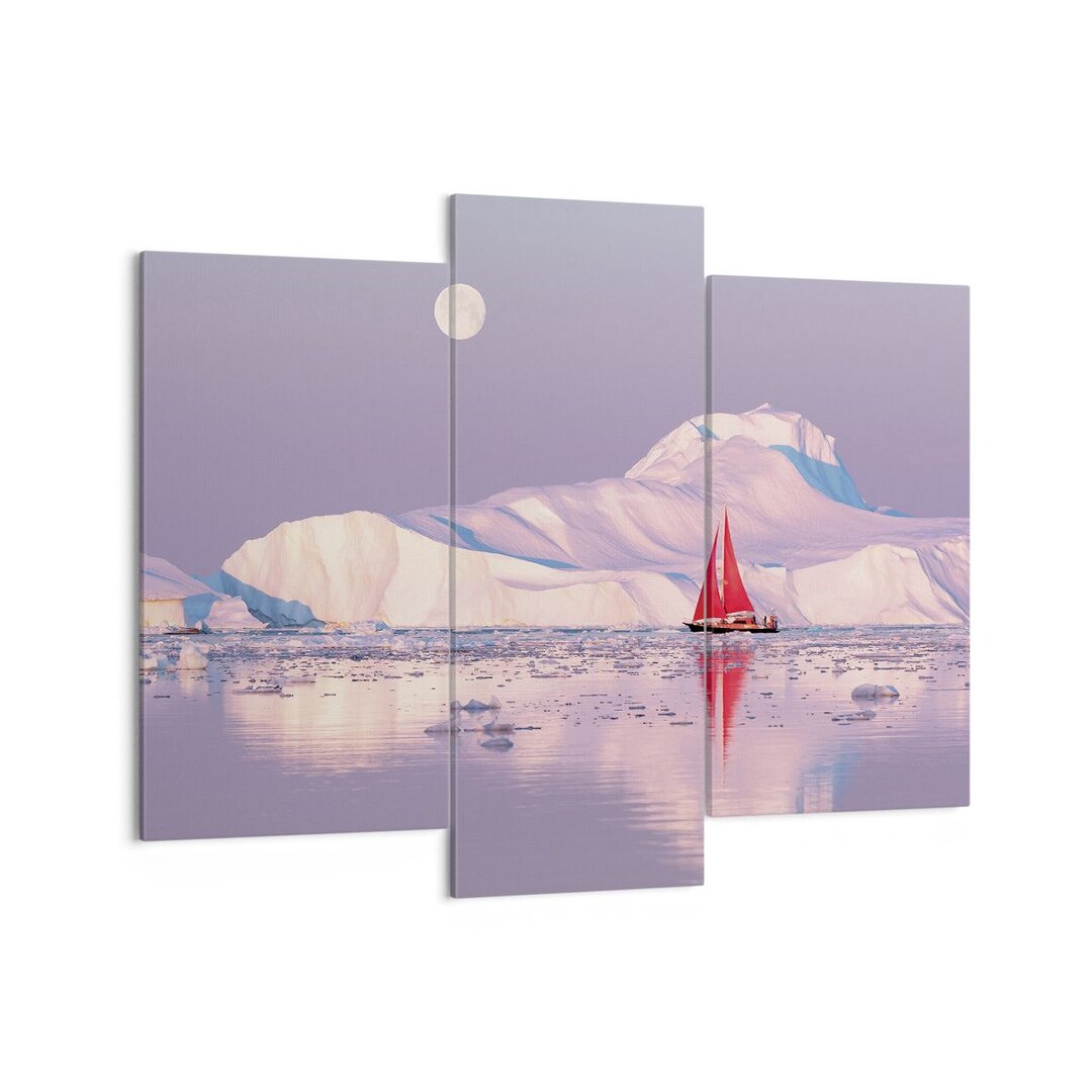 3-tlg. Leinwandbilder-Set Sailing Ship Moon Glacier