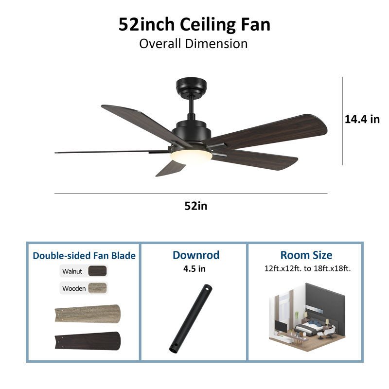52 Inch 5 Blades DC Motor Smart Ceiling Fan with Remote and Light Kit., Oak Wood, Black