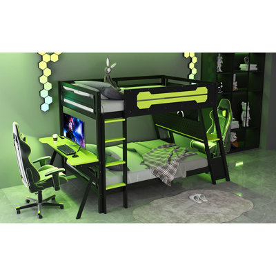 Lits superposés en bois multifonctionnels avec bureaux de jeu, design vert moderne
