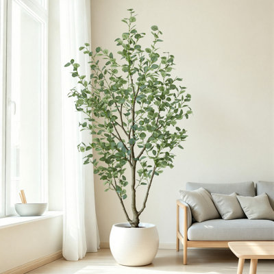  Arbre d'eucalyptus artificiel de 7 pi, plante de plancher multi-troncs avec pot en plastique noir, arbre d'eucalyptus réaliste pour la décoration de salon, bureau à l'intérieur seulement