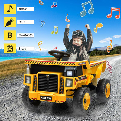 12V Kids Ride On Dump Truck, Electric Construction Vehicle with Remote Control, Dump Bed,Suspension,LED Lights & Music