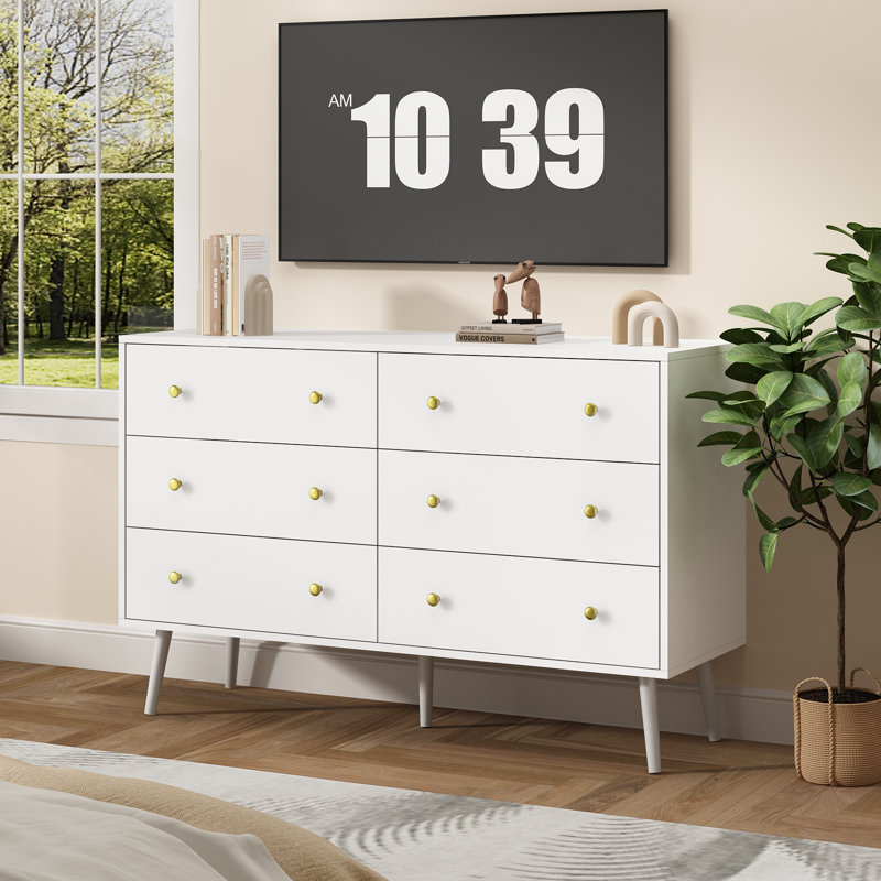 Dantee Dresser for Bedroom, 6 Drawer Dresser with Gold Handles, Modern Dressers & Chests of Drawers, White