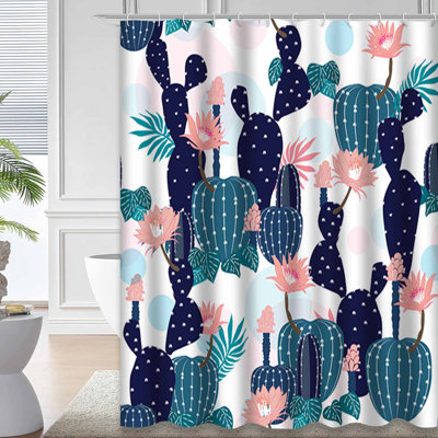 Waterproof Tropical Botanical Floral Summer Exotic Cactus Shower Curtain with 12 Hooks