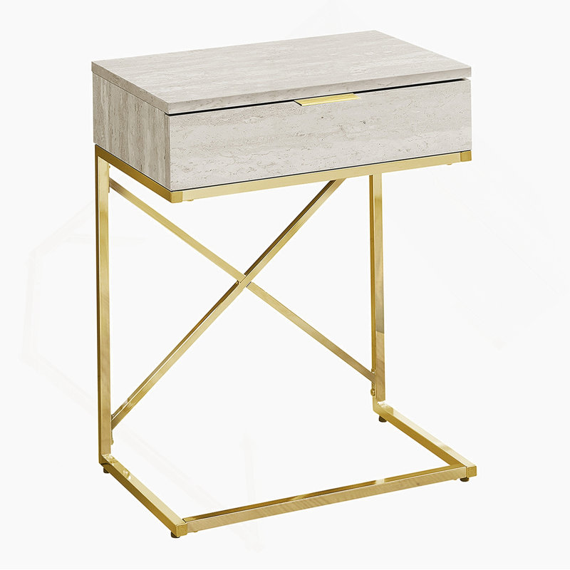 End Table, Side, End, Nightstand, Storage Drawer, Beige Marble Look Laminate, Gold Metal, White/Gold
