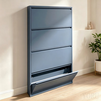 Metal Shoe Cabinet With 4 Flip Drawers, Wall Mounted Shoe Organizer, Narrow Slim Hidden Shoe Rack Storage For Entryway, Blue