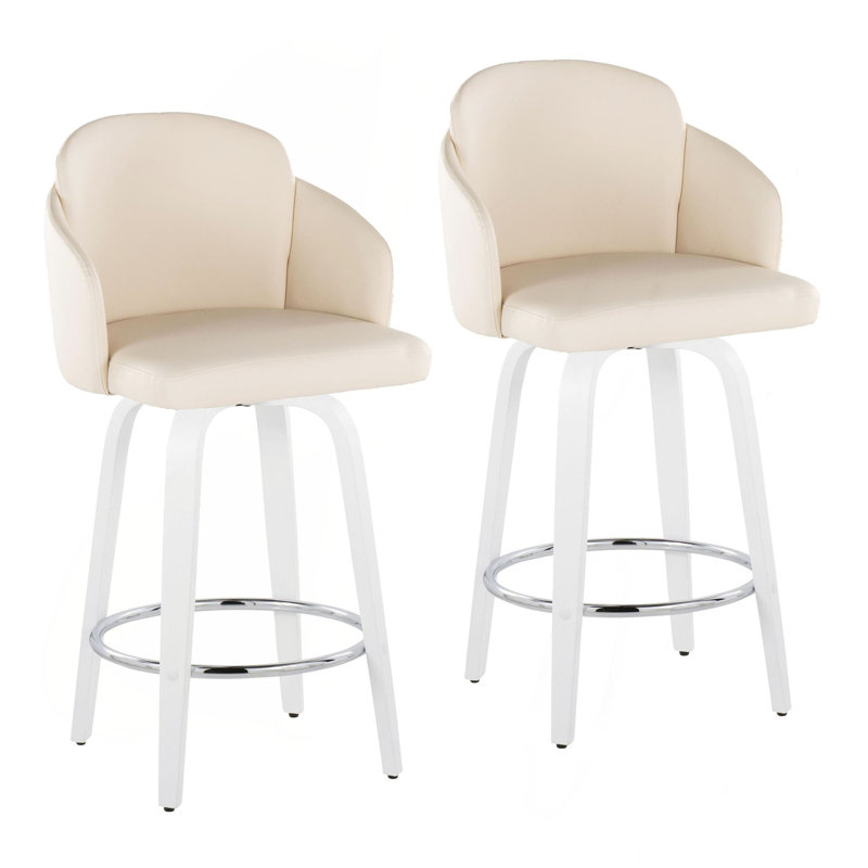 Tabouret de comptoir à hauteur fixe avec pivot en bois blanc et similicuir avec repose-pieds rond chromé - ensemble de 2