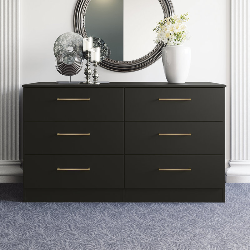 Commode horizontale à 6 tiroirs avec poignées dorées Jolyne - Rangement moderne pour chambre à coucher, Black