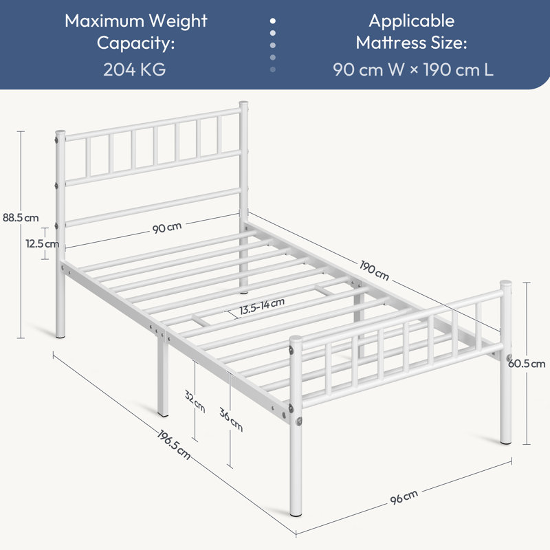 Minimalist Metal Bed Frame with Slatted Headboard, Single (3'), White