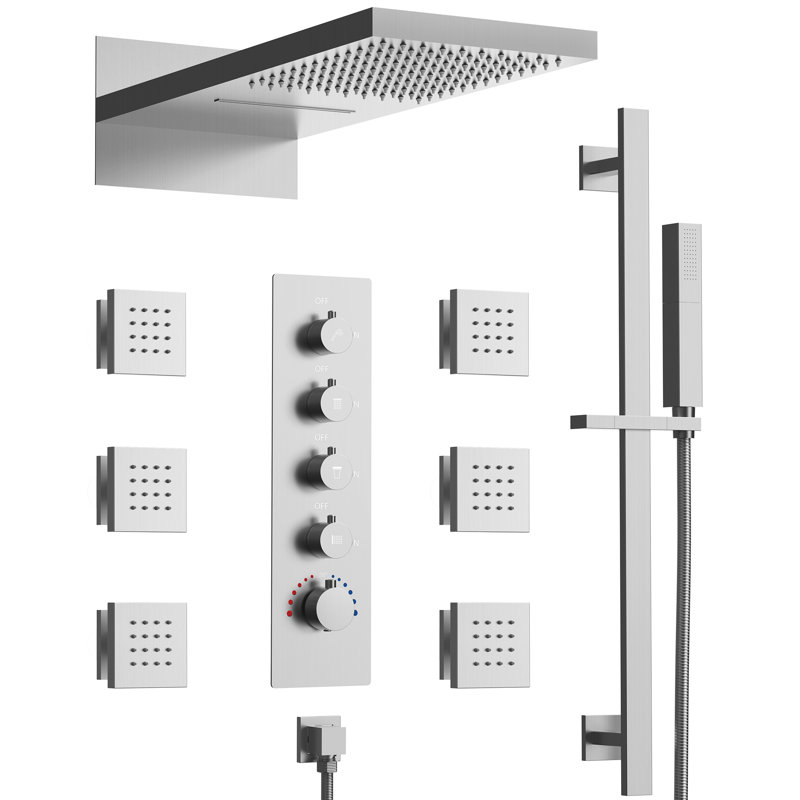 RelaxaJet Dual-Function Wall Mounted Waterfall & Rainfall Shower Faucet Set with Thermostatic Shower Head, Rough-In Valve Included