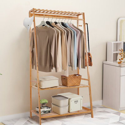 Bamboo Clothing Rack Stand Clothes Hanging Rail Rack with Shelf Hooks Portable