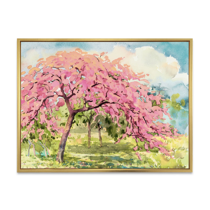 «Pink Cherry Blossom Tree IV», reproduction sur toile flottante, H 16 po x l 32 po x P 1 po, Cadre flottant doré
