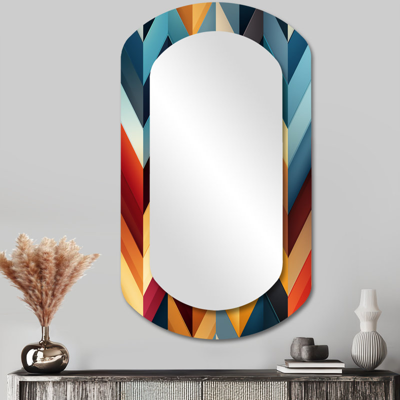 Urban Geometry Multicolor Chevron Pattern - Chevron Asymmetrical Unique Wall Mirror Decor, Yellow Cylinder Large Mirror, Printed Metal Art