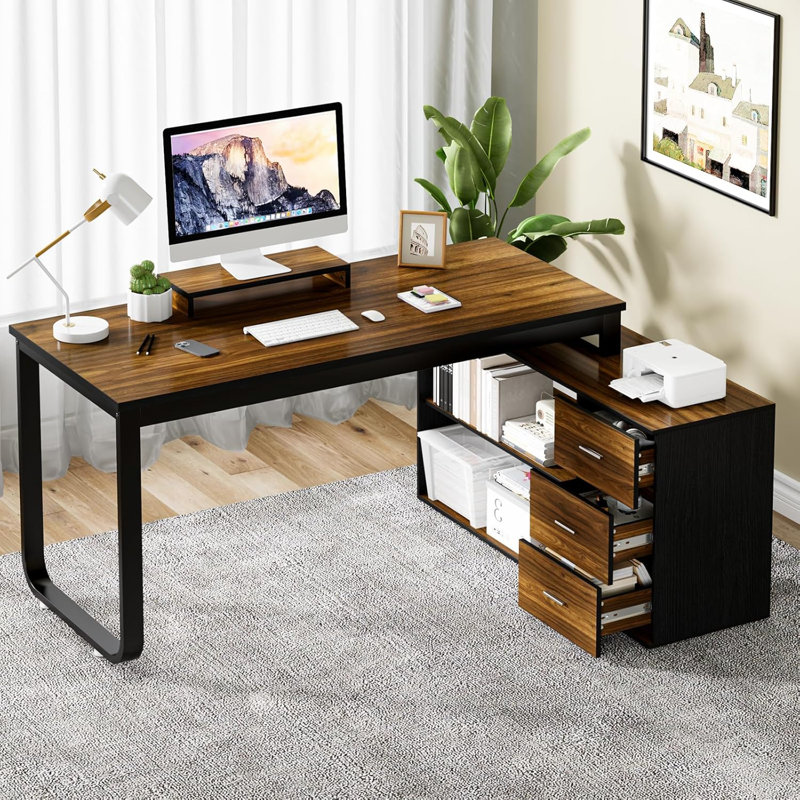 Bureau d'ordinateur en L réversible de 55 pouces avec 3 tiroirs, bureau d'angle avec tablettes de rangement et support pour écran amovible