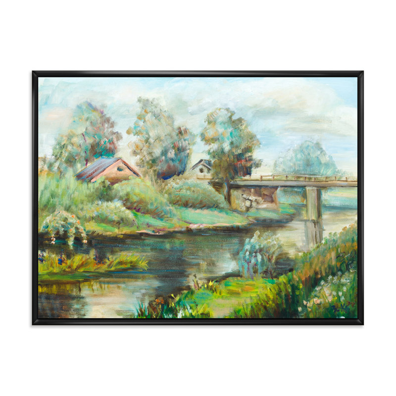 Pont sur la rivière dans un paysage rustique - peinture sur toile, H 24 po x l 32 po x P 1 po, Cadre flottant noir