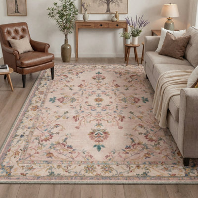 Abadou Bloomvale Vintage Floral Pink Machine Washable Non-Slip Area Rug