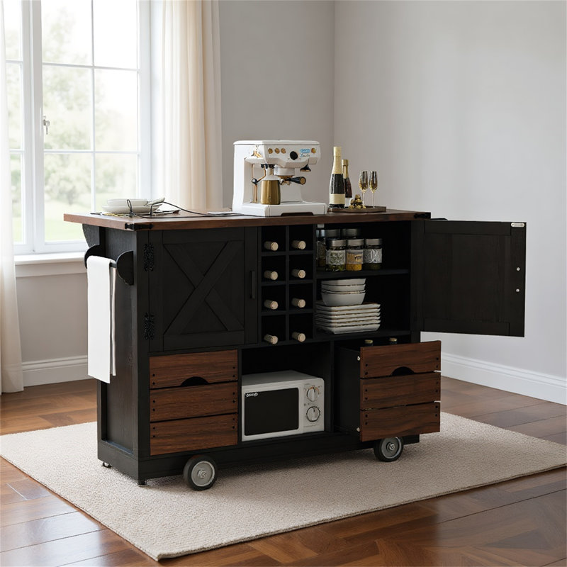 Rolling Kitchen Island With Drop Leaf, Power Outlet, 2 Cabinets, 2 Drawers, 4 Large Wheels, Spice Rack And Removable Hollow Wine Rack