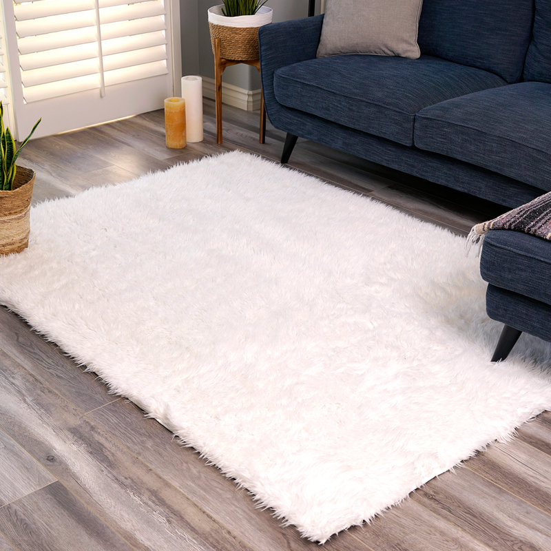 My Magic Carpet Washable White Shag Faux Fur Shaggy Area Rug, Rectangle 5' x 7'