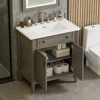 Meuble-lavabo rustique de 30 po avec lavabo en céramique - fini blanc vieilli, conception à profil courbé, 2 portes à fermeture en douceur avec tablette réglable, pieds en bois d'hévéa pour salle de bain de style maison de campagne