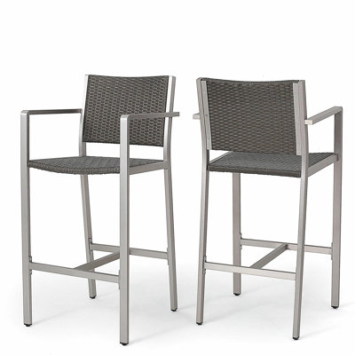 Outdoor 29.50" Rust-Proof Aluminum Barstools with PE Rattan Seat and Backrest, Set of 2, Silver & Grey