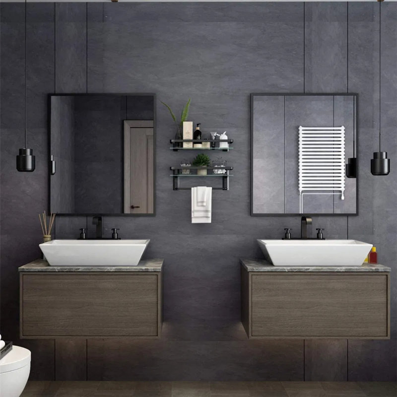 Bathroom Shelf Wall Mounted Floating Glass Shelf with Towel Rack 2 Tiers, Black
