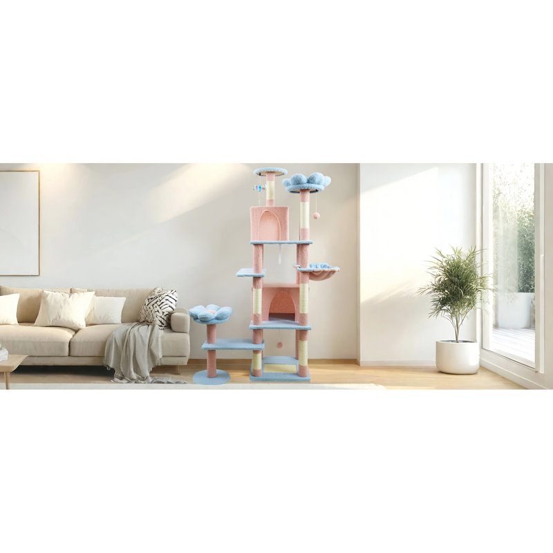 Arbre à chat bleu de 71 pouces avec motif floral, grand coussin amovible et, pour les chats, grimpant à 8 niveaux, arbre à grattage large, aspect floral enchanteur, hauteur horizontale de 72 po