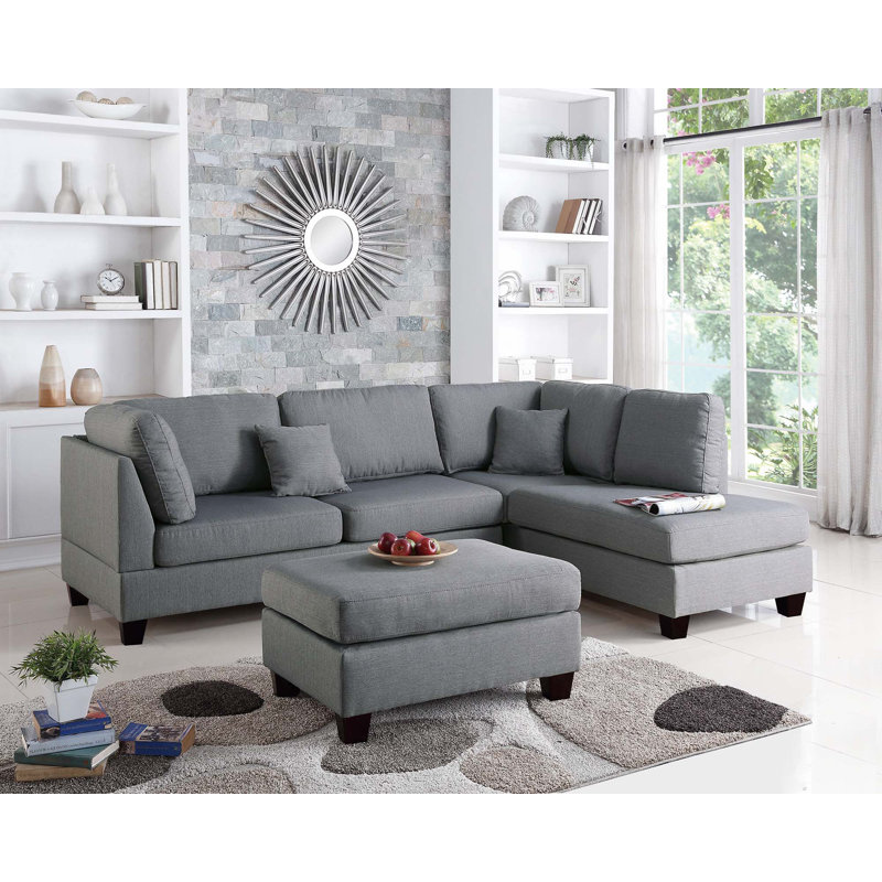 Canapé modulaire réversible avec repose-pieds 3 pièces 3 pièces, Tissu gris